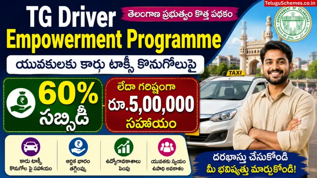 TG Driver Empowerment Programme: యువకులకు కారు టాక్సీ కొనుగోలుపై 60% సబ్సిడీ లేదా గరిష్టంగా రూ.5,00,000 సహాయం